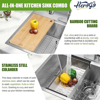 Herogo 33x22Inch Drop In Kitchen Sink, 18/10 Stainless Steel Topmount Handmade 10'' Deep Single Bowl Kitchen Workstaion Sink with 5 Accessories