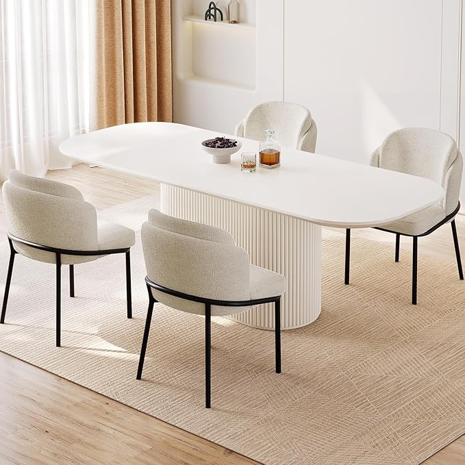86.61" Oval Modern Dining Table Set for 4, Dining Room Tables with 4 Chairs for Kitchen, Living Room, 5 Piece Kitchen Table 4 Seaters Dinner Tables Set, Cream White