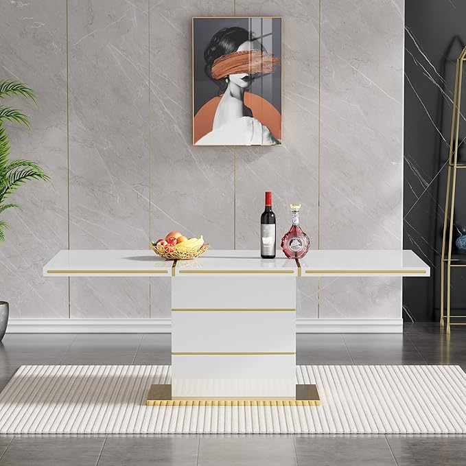 70" White Dining Table for 4 6, Modern Glossy Kitchen Table with 1.5" Thick Lacquered Tabletop and Gold Stainless Steel Trim, Luxury Rectangular Dinner Tables for Dining Room