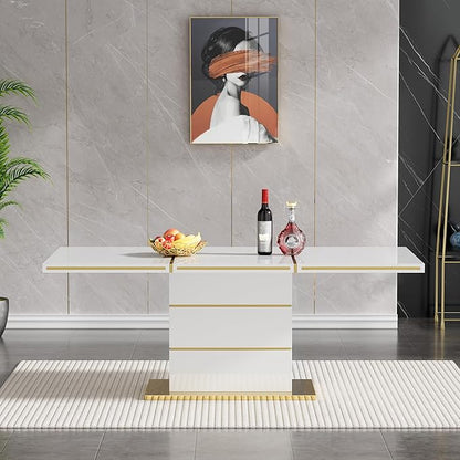 70" White Dining Table for 4 6, Modern Glossy Kitchen Table with 1.5" Thick Lacquered Tabletop and Gold Stainless Steel Trim, Luxury Rectangular Dinner Tables for Dining Room