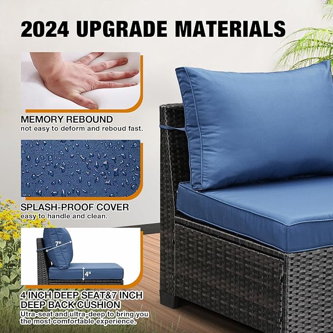 JOYURE 9 Pieces Patio Furniture Set All-Weather Outdoor Wicker Sectional Conversation Sofa Rattan Patio Seating Sofa with Cushion and Glass Table and Ottoman for Porch Poolside,Navy