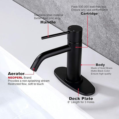 Matte Black Bathroom Faucet Single Hole, JXMMP Single Handle Bathroom Sink Faucets with Pop Up Drain and 6 inch Deck Plate and cUPC Water Supply Hose