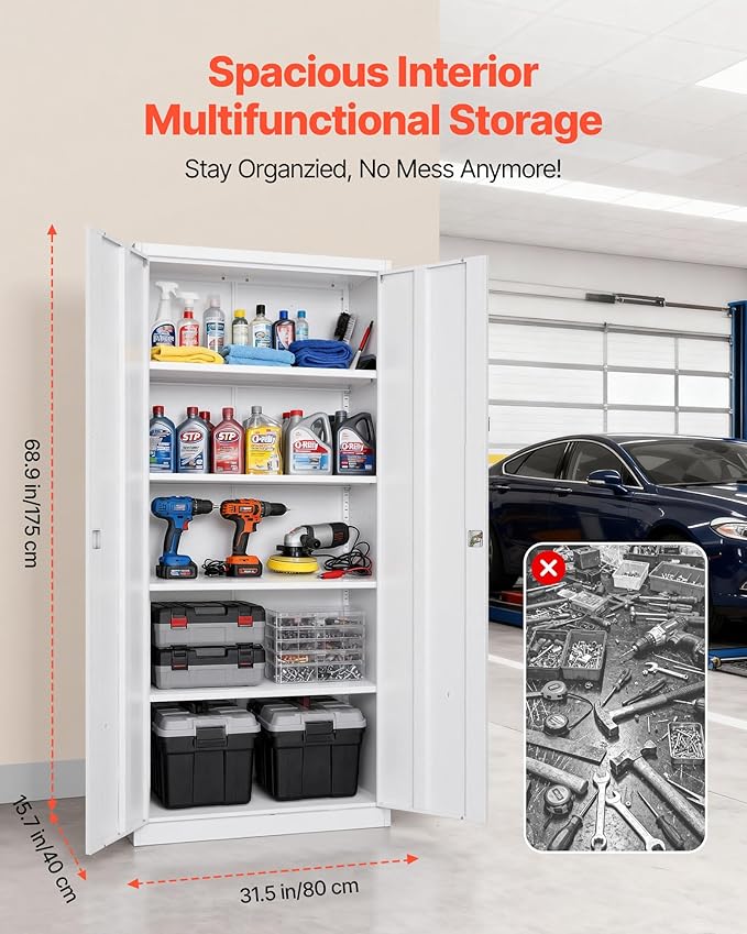 VEVOR Metal Storage Cabinet, Lockable Steel Garage Cabinet with Adjustable Shelves, 2 Magnetic Doors, 2 Keys, 5-Tiers Tool Storage Locker for Home, Office, School, Warehouse, Basement, Laundry, White