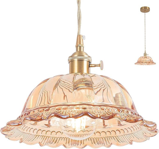 Vintage Pendant Light, 9.81" Amber Pendant Lights Kitchen Island Pendant，Glass Chandelier for Dining Living Room Restaurant Bedroom Foyer Entryway Bulb Included