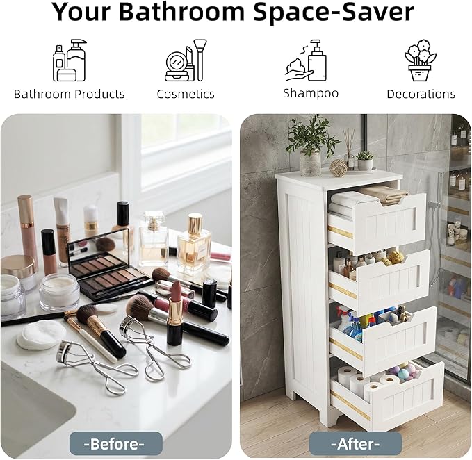 Casaphoria Skinny Bathroom Floor Storage Cabinet, 4-Drawer Narrow Freestanding Tower Cabinet with Anti-Tip Kit, Space-Saving Wooden Organizer for Small Spaces, White