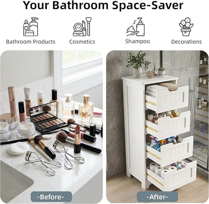 Casaphoria Skinny Bathroom Floor Storage Cabinet, 4-Drawer Narrow Freestanding Tower Cabinet with Anti-Tip Kit, Space-Saving Wooden Organizer for Small Spaces, White