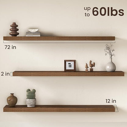 Fun Memories 72 Inch Floating Shelves, 12 Inch Deep Wall Shelf for Fireplace Mantel, Deep Storage Shelves for Home & Office, Long Floating Shelf with Invisible Bracket, Rustic Brown, Set of 2