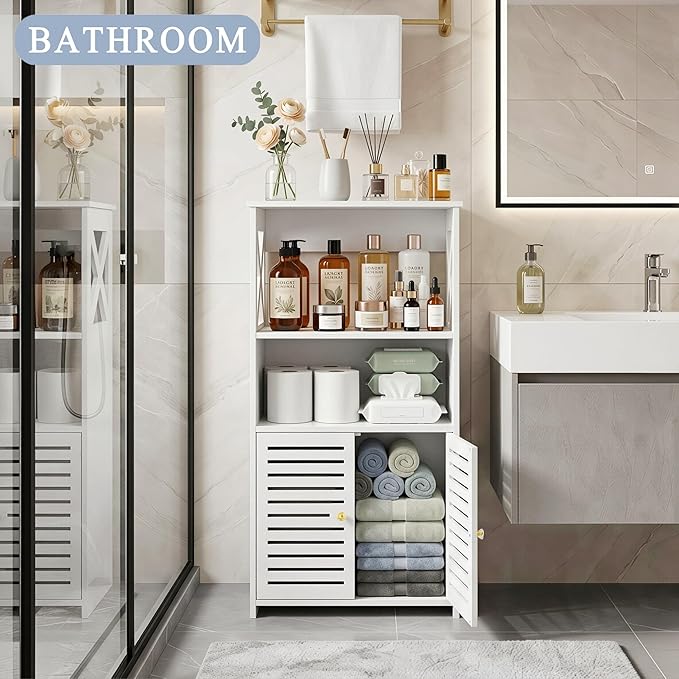 BYFU Bathroom Storage Cabinet, 4-Tier White Small Floor Cabinet Freestanding Organizer with Door and Shelf for Living Room Hallway Kitchen Small Space