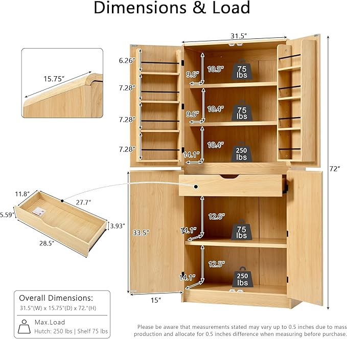 Amposei 72’’ Tall Kitchen Pantry Cabinet with Drawer & Adjustable Shelves, Modern Cupboard Storage Cabinet for Living Utility Room, Natural