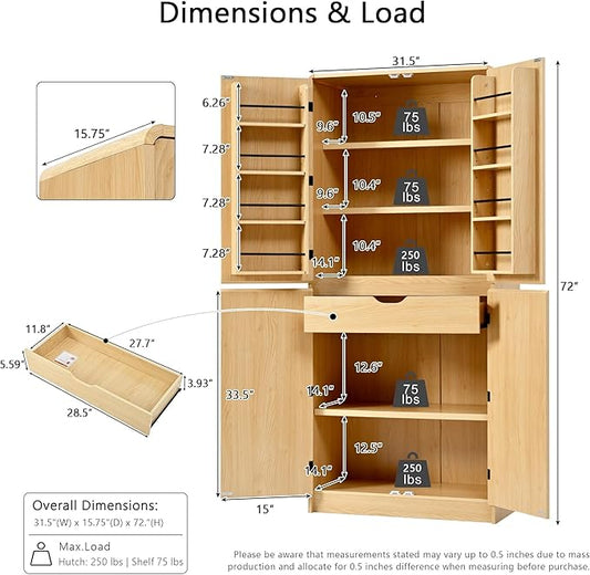 Amposei 72’’ Tall Kitchen Pantry Cabinet with Drawer & Adjustable Shelves, Modern Cupboard Storage Cabinet for Living Utility Room, Natural