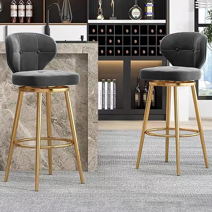 Counter Height stools Set of 2, 360° s with Back and Footrest, Thickened Upholstered Cushion, Tall Chairs for Kitchen Island, Dining Room, Home, Cafe,Grey-Sitting Height 65cm