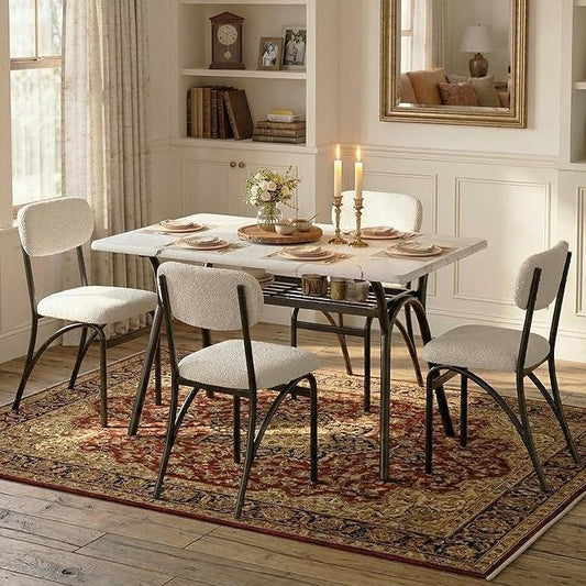GarveeHome 5-Piece Dining Table Set for 4, Modern Kitchen Table with 4 Boucle Chairs, Rectangular Dining Table with Storage Shelf & Marble Tabletop, Beige Home Dining Furniture for Small Space