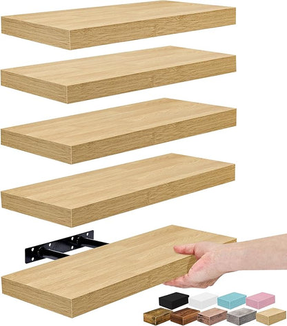 Sorbus Floating Shelves for Wall – 16 Inch Floating Shelf for Kitchen, Bedroom, Living Room, Bathroom, Home & Wall Decor - Mounted Bathroom Shelves with Invisible Brackets (Maple Wood, 5 Pack)