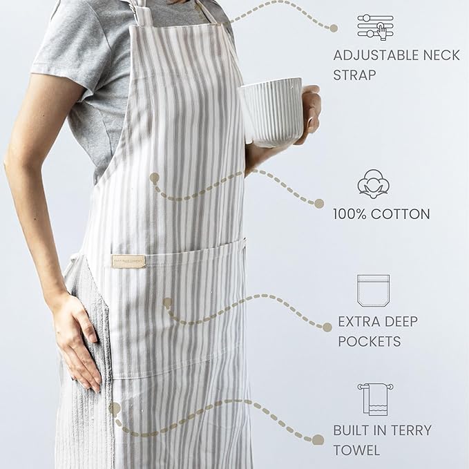 100% Cotton Kitchen Apron with 2 Pockets – Adjustable Chef Apron for Cooking Baking BBQ – Unisex Apron