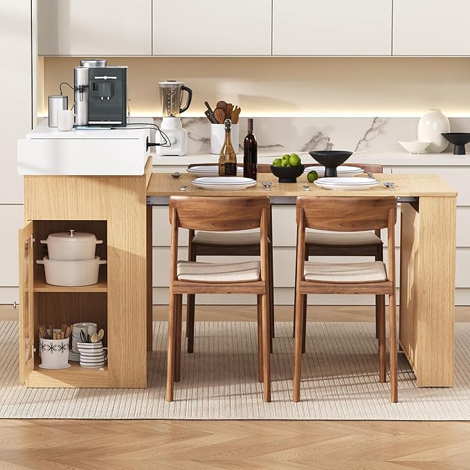 Versatile Extendable Dining Table with Hidden Wheels and Drawers, Farmhouse Kitchen Island with Charging Station and Glass-Door, Sideboard for Kitchen and Dining Room (Natural)