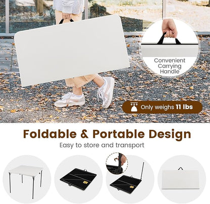 Tangkula 34" Folding Table, Portable Picnic Table with All-Weather HDPE Tabletop, Heavy-Duty Metal Frame, Carry Handle, Fold-in-Half Plastic Outdoor Table for Camping, Dining, BBQ, No Assembly Needed