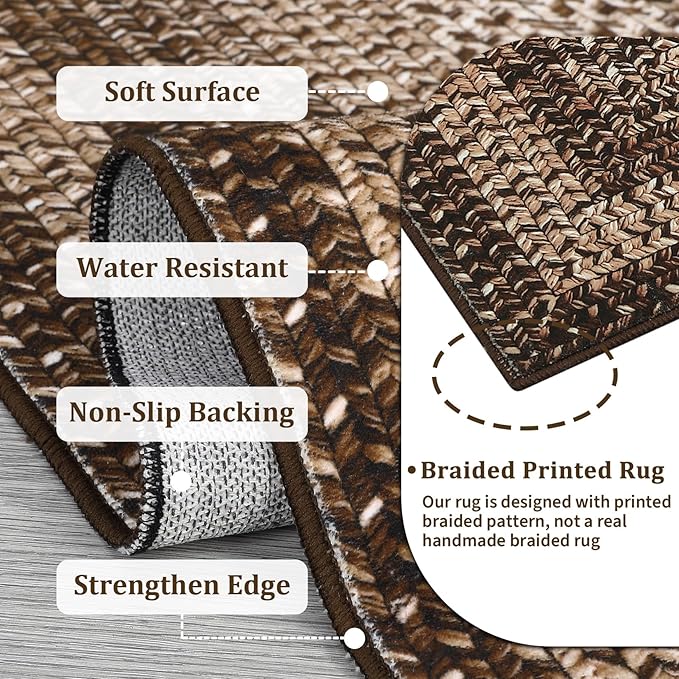 Printed Washable Rugs Runner 2x6 Rug for Living Room Bathroom Rugs Dark Brown Modern Imitation Braided Bedroom Rug Non Slip Geometric Kitchen Runner Stain Resistant Carpet 2'x6' Dark Brown