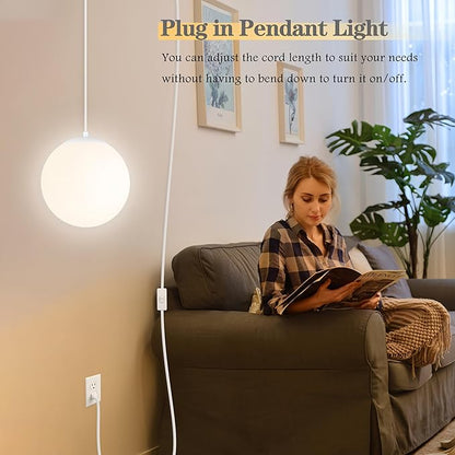 KoKo&Yukina 10" Globe Pendant Light White Plug in Pendant Light Adjustable Hanging Lights with Plug in Cord Matte White Finished with Milk Glass Lampshade for Bedroom Kitchen Island (Bulb Included)