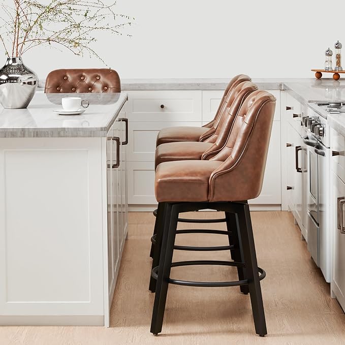 KISLOT Swivel Counter Height Bar Stools Set of 4, 26" Upholstered Faux Leather Barstools with Back,Thick Seat and Square Solid Wood Legs for Kitchen Island Home Bar, Brown