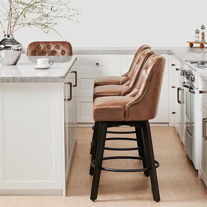 KISLOT Swivel Counter Height Bar Stools Set of 4, 26" Upholstered Faux Leather Barstools with Back,Thick Seat and Square Solid Wood Legs for Kitchen Island Home Bar, Brown