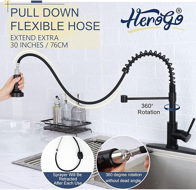 Kitchen Faucets with Pull Down Sprayer Matte Black, Herogo 2.0 Upgraded Commercial Stainless Steel Single Handle Pull Out Spring Sink Faucets with Deck Plate for Utility Farmhouse Laundry Rv Wet