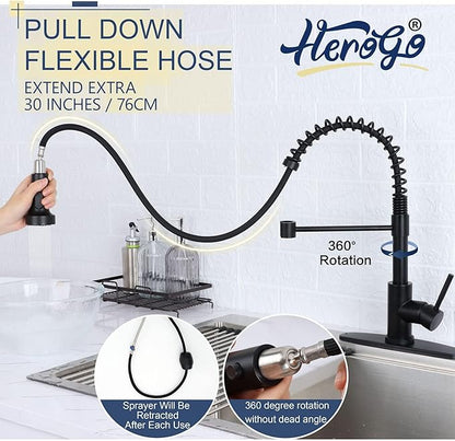 Kitchen Faucets with Pull Down Sprayer Matte Black, Herogo 2.0 Upgraded Commercial Stainless Steel Single Handle Pull Out Spring Sink Faucets with Deck Plate for Utility Farmhouse Laundry Rv Wet