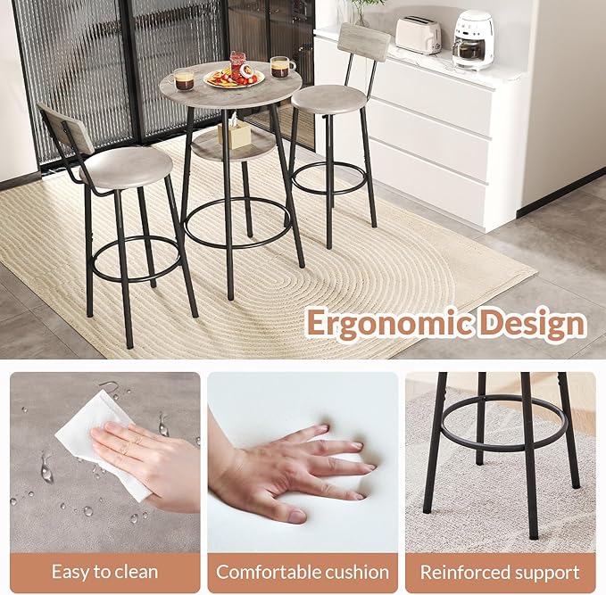 Zevemomo 3 Pieces Round Bar Table Set, Small Dining Table for 2, Breakfast Table with Storage, Modern Kitchen Bar Table, 2 Upholstered Stools with Backrest for Kitchen, Dining Room & Bistro-Grey