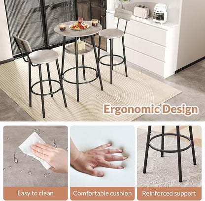 Zevemomo 3 Pieces Round Bar Table Set, Small Dining Table for 2, Breakfast Table with Storage, Modern Kitchen Bar Table, 2 Upholstered Stools with Backrest for Kitchen, Dining Room & Bistro-Grey