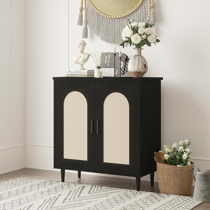 GarveeHome Sideboard Buffet Kitchen Storage Cabinet with Rattan, Solid Wood Feet for Living Room, Hallway, Entryway, Cabinet with Ample Storage Space(1PCS)