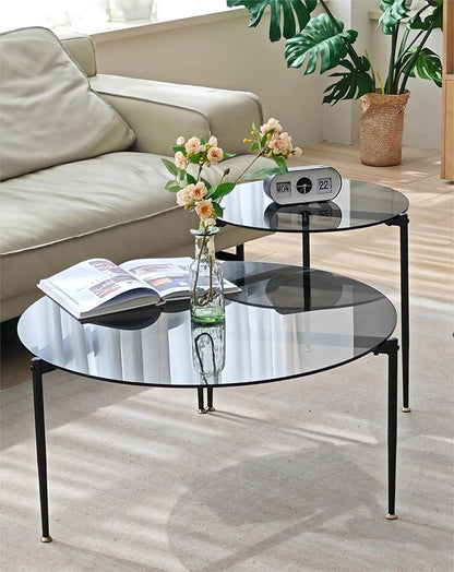 Round Tempered Glass Table 31.5 inch Large Circle Top Metal Frame Grey