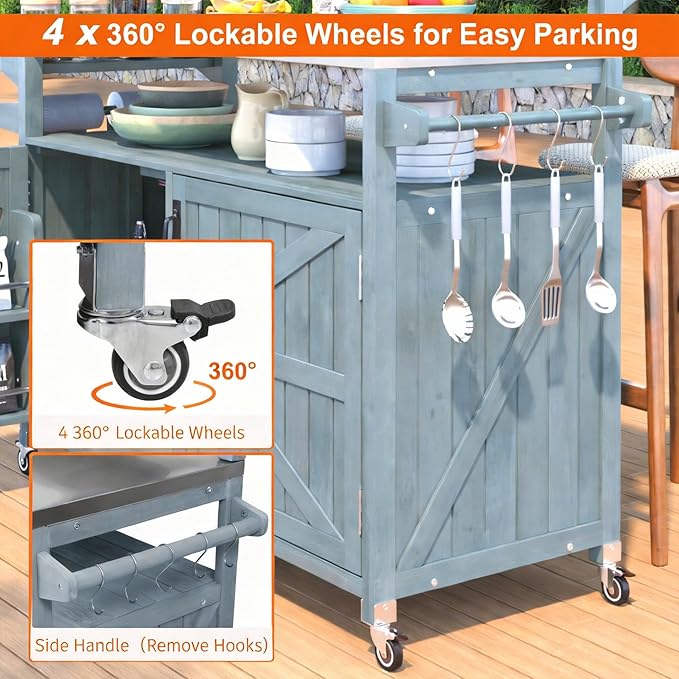 Casaphoria 53.3" Outdoor Kitchen BBQ Grill Cart, 100% Fir Wood Bar Cart Pizza Oven Table with Stainless Steel Countertop, Raised Worktop, Hooks, Adjustable Shelves Outdoor Kitchen Island,Blue