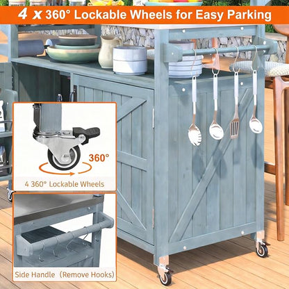 Casaphoria 53.3" Outdoor Kitchen BBQ Grill Cart, 100% Fir Wood Bar Cart Pizza Oven Table with Stainless Steel Countertop, Raised Worktop, Hooks, Adjustable Shelves Outdoor Kitchen Island,Blue