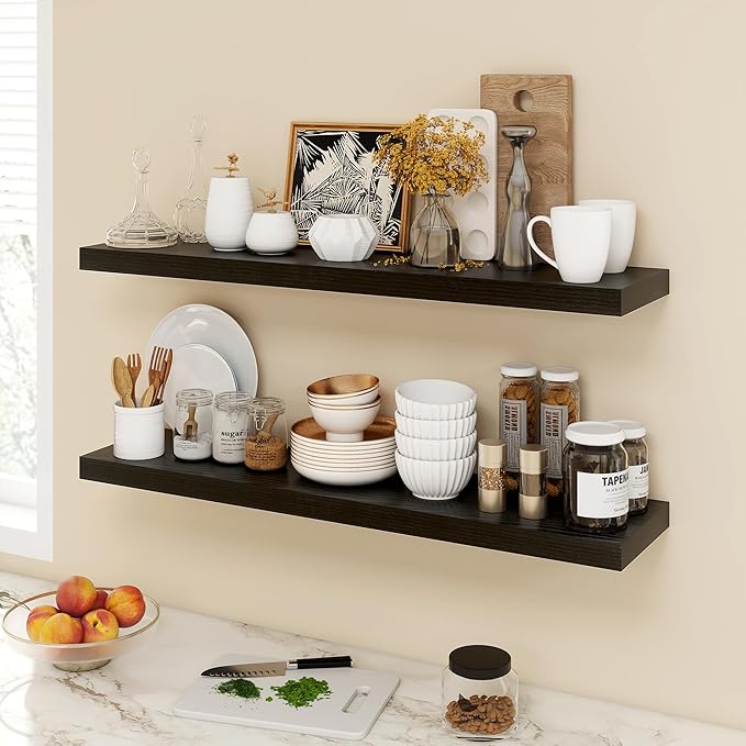 Acovy 40 Inch Floating Shelves, 9.3" Deep Floating Shelf Wall Mounted, 40" Wall Shelves, Rustic Deep Bookshelf, Large Display Shelves & Storage Shelves for Bedroom, Living Room, Black, Set of 2