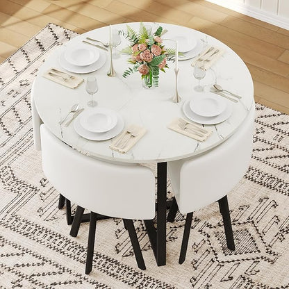 Round Dining Table Set for 4, Round Dining Room Table Set for 4 with Metal Leg and 4 Chairs, Small Kitchen Island with Seating for Small Spaces