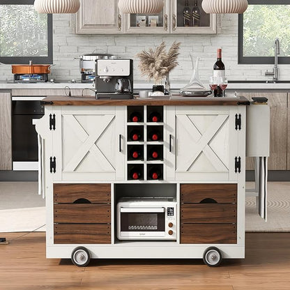 54" Farmhouse Kitchen Island Table with Drop Leaf, Power Outlet, Kitchen Storage Cart with 2 Doors, 2 Drawers, Rolling Kitchen Island on 4 Large Wheels with Spice Rack for Kitchen, Dining Room, White