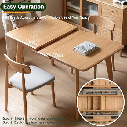 Solid Oak Extendable Dining Table for 4-6 People, 47.2 to 63 Inch, Seamless Expansion, Round Corner Design with Diagonal Legs, Farmhouse Kitchen Table for Small Spaces (Oak)