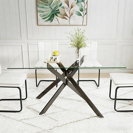 51.18" Rectangular Glass Dining Table, Tempered Glass Small Kitchen Table with Metal Tubular Legs, Stylish and Sturdy Clear Dinner Table for Home and Outdoor