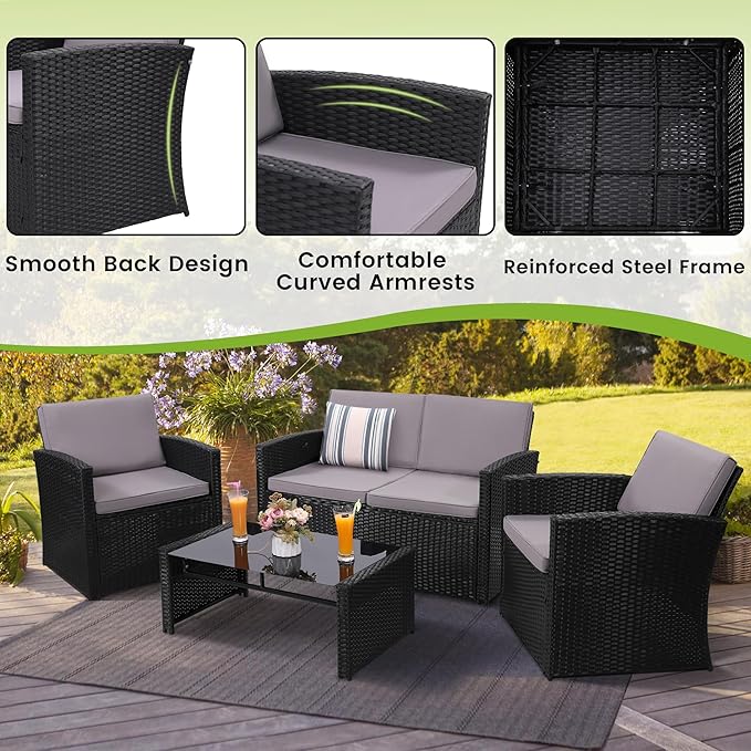 KROFEM 4-Piece Patio Furniture Set, Wicker Outdoor Rattan Sectional Sofa with Cushions and Glass Table, All-Weather Outdoor Conversation Set, Ideal for Garden, Porch, Backyard, Grey