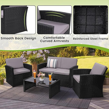 KROFEM 4-Piece Patio Furniture Set, Wicker Outdoor Rattan Sectional Sofa with Cushions and Glass Table, All-Weather Outdoor Conversation Set, Ideal for Garden, Porch, Backyard, Grey