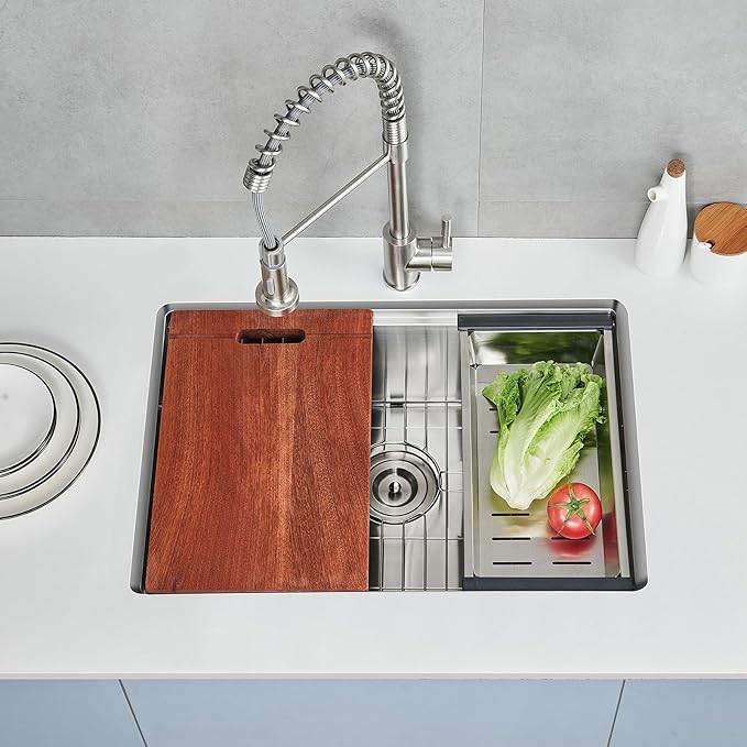MENATT 25 Inch Undermount Workstation Kitchen Sink, 25"×18" Stainless Steel Single Bowl Undermount Handmade Kitchen Sink with Cutting Board and Colander, D25"XW18"XH9"