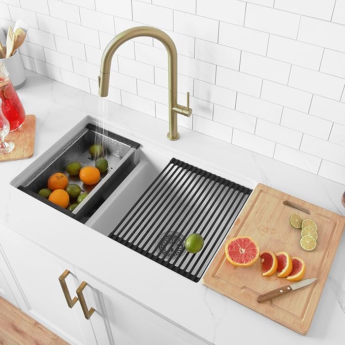 Stylish 30 x 18 Inch Composite Granite Workstation Kitchen Sink, 60/40 Double Bowl Under Mount & Drop in, 9.5 in Deep, Reversible, with Cutting Board, Colander, Colander & Strainer, White, S-831WH