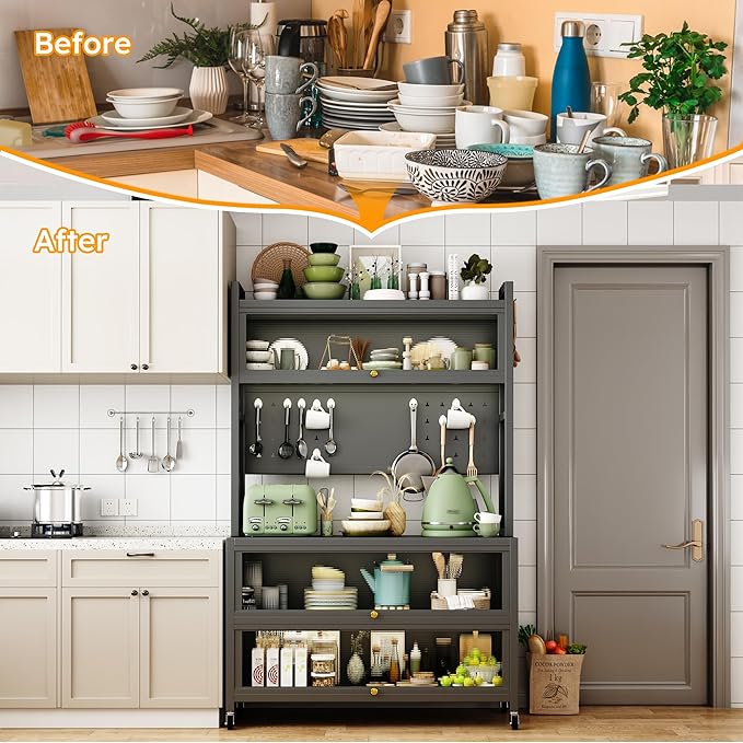 Runboll Kitchen Pantry Cabinet Storage with Microwave Shelf 5 Tier Metal Sideboard Baker's Rack Coffee Bar Hutch Buffet Laundry Storage, with Wheels & Hooks