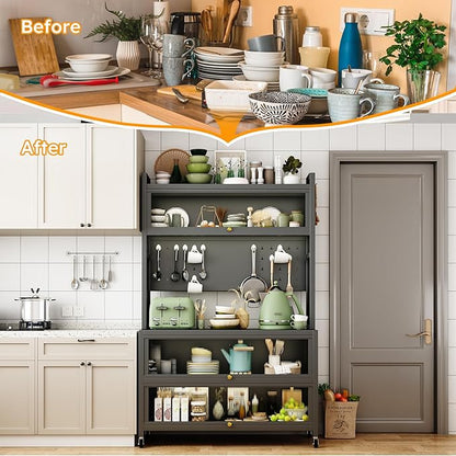 Runboll Kitchen Pantry Cabinet Storage with Microwave Shelf 5 Tier Metal Sideboard Baker's Rack Coffee Bar Hutch Buffet Laundry Storage, with Wheels & Hooks