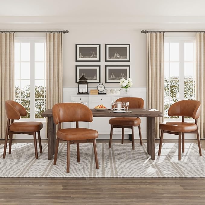 MALOL Wooden Dining Chairs Set of 4, Modern Upholstered Dining Room Chair, PU Leather Kitchen Side Chairs with Curved Open Back for Living Room/Restaurant/Cafe, Brown