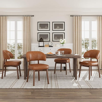 MALOL Wooden Dining Chairs Set of 4, Modern Upholstered Dining Room Chair, PU Leather Kitchen Side Chairs with Curved Open Back for Living Room/Restaurant/Cafe, Brown