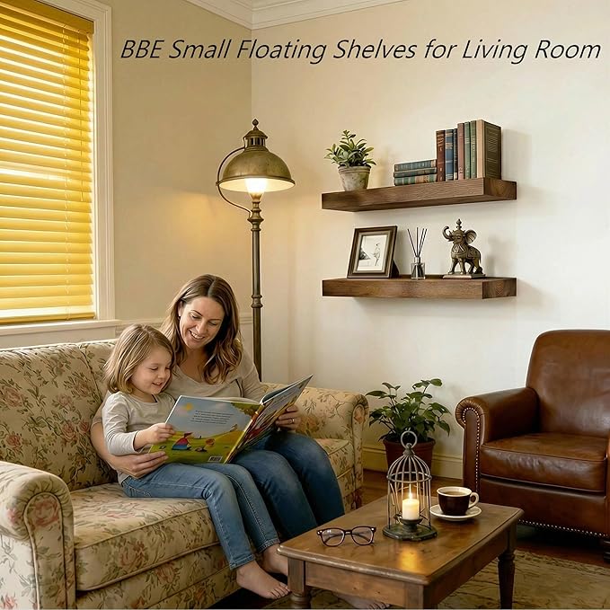 BBE Floating Shelves for Room Wall Rustic Walnut Wooden Bathroom Wall-Mounted Shelf Over Toilet Decor 16 Inch Storage Wood Shelves for Living Room, Bedroom, Kitchen Farmhouse 16D x 6.7W Set of 2