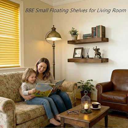 BBE Floating Shelves for Room Wall Rustic Walnut Wooden Bathroom Wall-Mounted Shelf Over Toilet Decor 16 Inch Storage Wood Shelves for Living Room, Bedroom, Kitchen Farmhouse 16D x 6.7W Set of 2