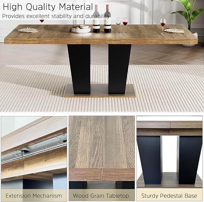 78.74" Extendable Dining Table for 6 8 10, Modern Farmhouse Expandable Kitchen Table with Dual Column Pedestal, Large Rectangle Wooden Expanding Table for Kitchen Dining Conference Room, Brown & Black
