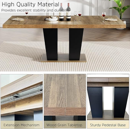 78.74" Extendable Dining Table for 6 8 10, Modern Farmhouse Expandable Kitchen Table with Dual Column Pedestal, Large Rectangle Wooden Expanding Table for Kitchen Dining Conference Room, Brown & Black