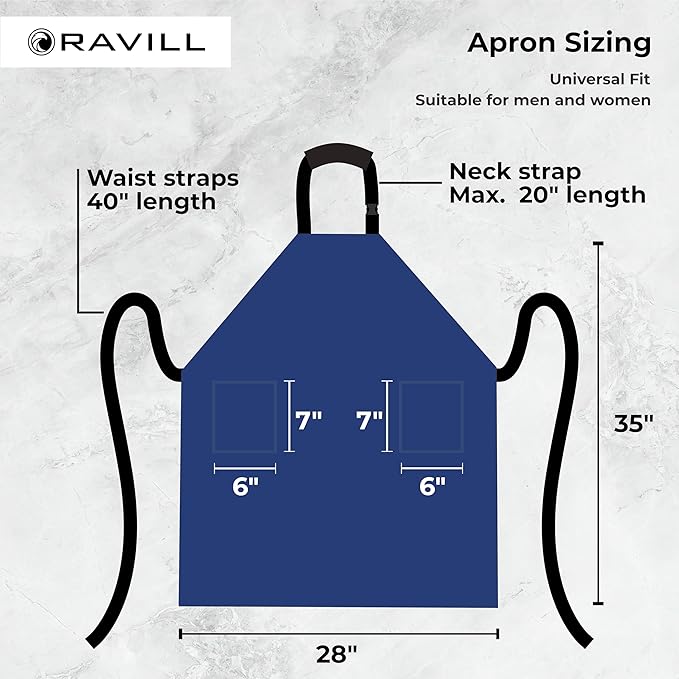 Ravill Waterproof Apron For Men and Women - 2 Pockets - 35" Long Multi Purpose Work Aprons for Dishwashing, Dog Grooming